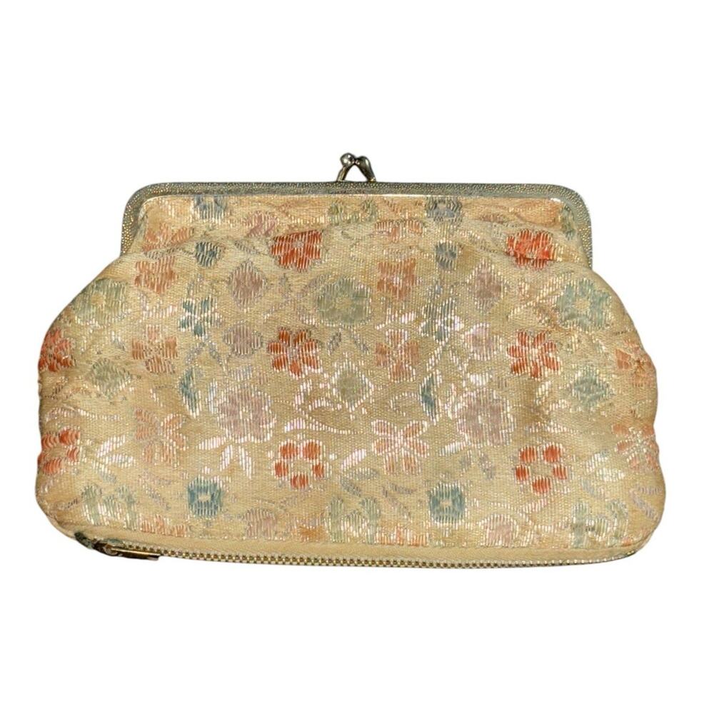 VTG Tapestry Floral Clutch Wallet Kisslock Secret Zipper Bottom Flapper Flower